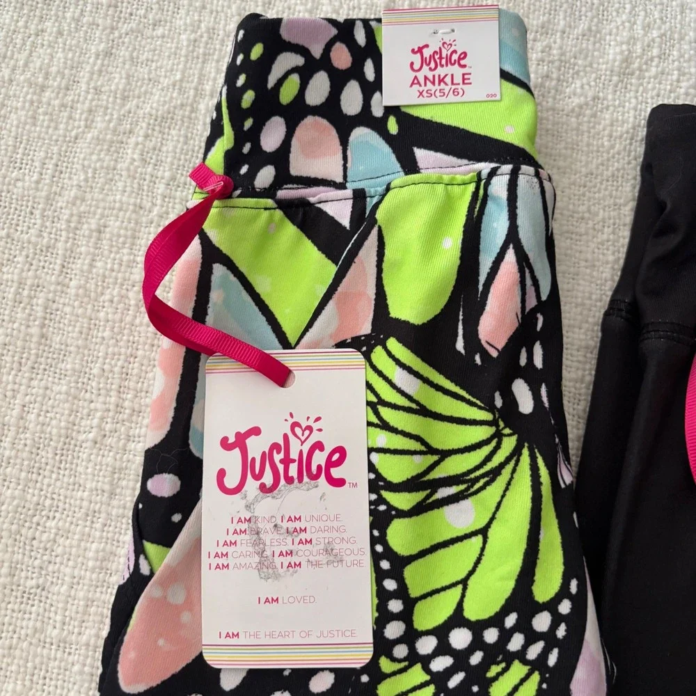 Justice Girls Ankle Leggings Bundle XS 5/6 Butterfly Tie Dye Colorblock 3 Pack